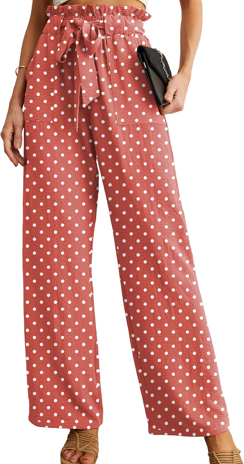 Women's High Waist Wide Leg Pants with Pockets - Adjustable Knot Loose Casual Trousers for Business and Everyday Wear