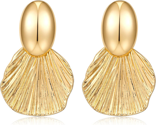 Chic Two-Tone Gold Chunky Fan-Shaped Dangle Earrings - Stylish Shell Jewelry for Women