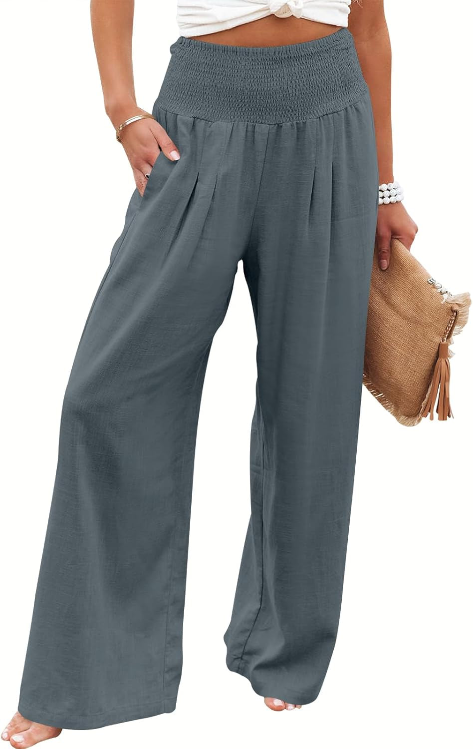 Women's Linen Palazzo Pants - Summer Boho Wide Leg High Waist Casual Lounge Trousers for Beach Travel and Vacation 2025