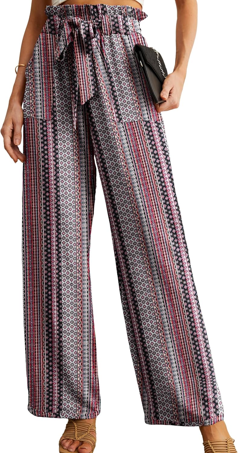 Women's High Waist Wide Leg Pants with Pockets - Adjustable Knot Loose Casual Trousers for Business and Everyday Wear