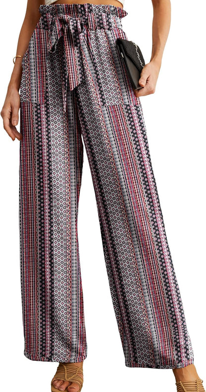 Women's High Waist Wide Leg Pants with Pockets - Adjustable Knot Loose Casual Trousers for Business and Everyday Wear