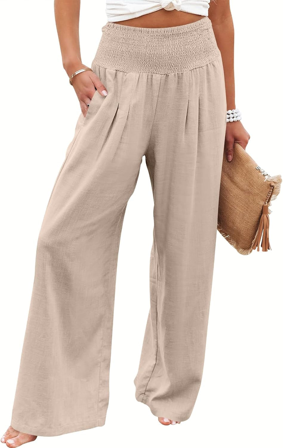 Women's Linen Palazzo Pants - Summer Boho Wide Leg High Waist Casual Lounge Trousers for Beach Travel and Vacation 2025