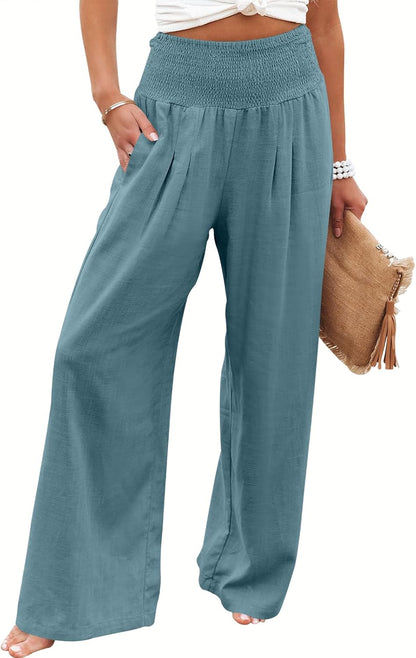 Women's Linen Palazzo Pants - Summer Boho Wide Leg High Waist Casual Lounge Trousers for Beach Travel and Vacation 2025