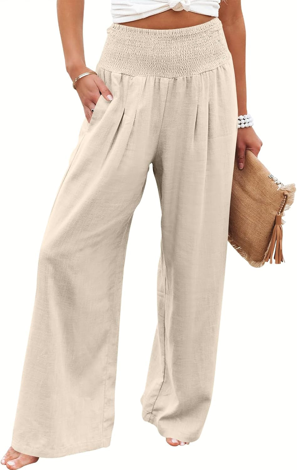 Women's Linen Palazzo Pants - Summer Boho Wide Leg High Waist Casual Lounge Trousers for Beach Travel and Vacation 2025