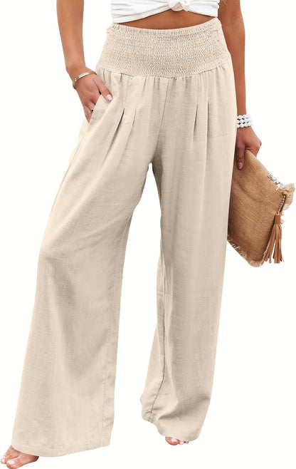 Women's Linen Palazzo Pants - Summer Boho Wide Leg High Waist Casual Lounge Trousers for Beach Travel and Vacation 2025