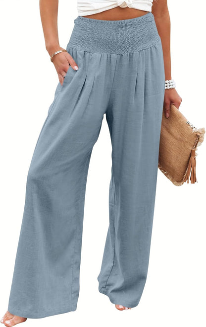 Women's Linen Palazzo Pants - Summer Boho Wide Leg High Waist Casual Lounge Trousers for Beach Travel and Vacation 2025