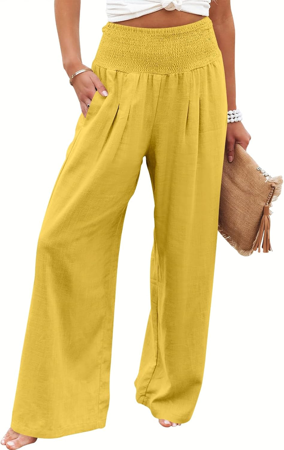 Women's Linen Palazzo Pants - Summer Boho Wide Leg High Waist Casual Lounge Trousers for Beach Travel and Vacation 2025