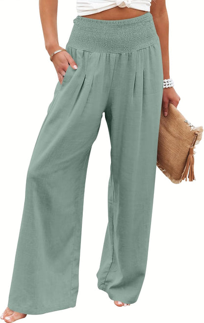 Women's Linen Palazzo Pants - Summer Boho Wide Leg High Waist Casual Lounge Trousers for Beach Travel and Vacation 2025